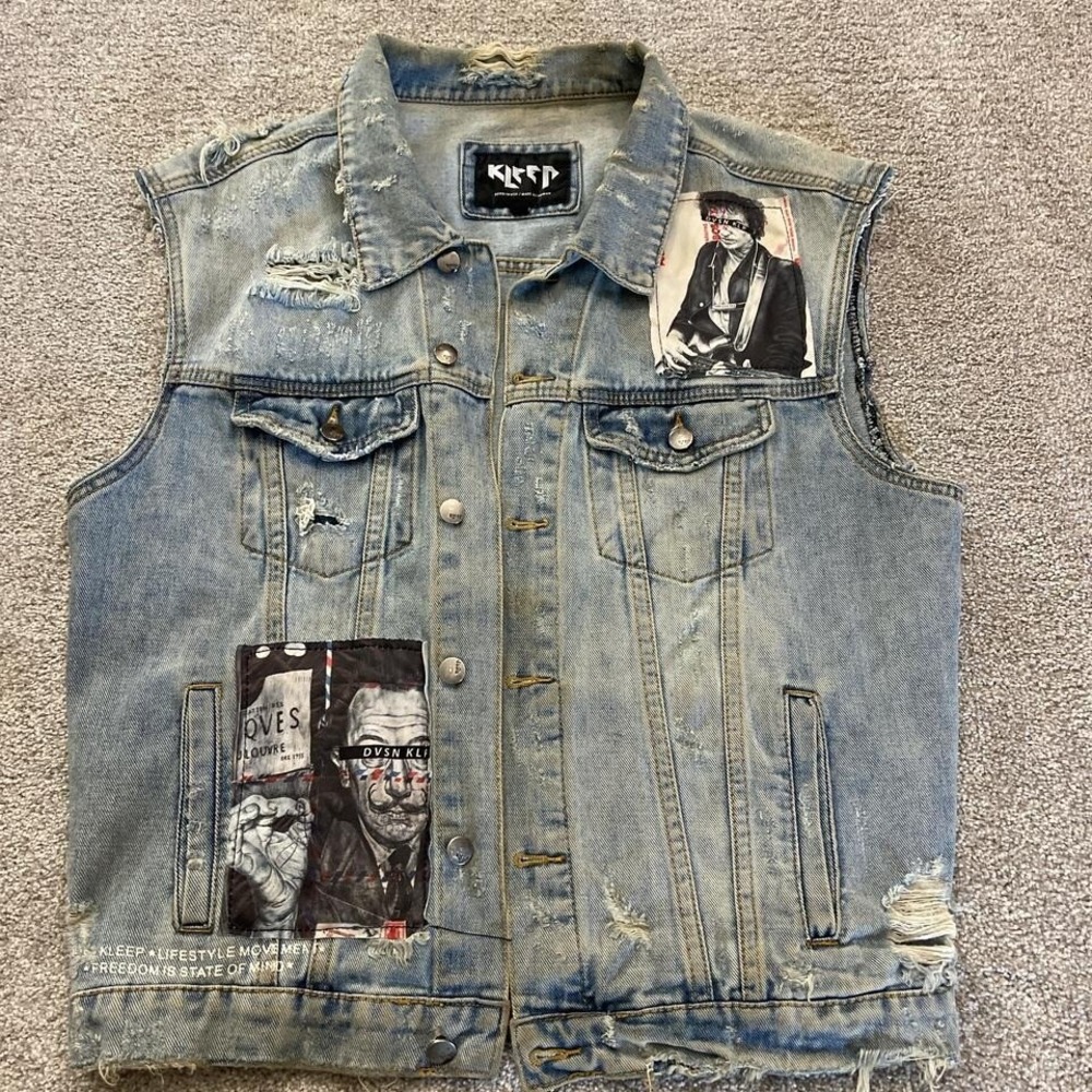 Kleep Epic Washed Denim Vest Men's Medium Patchwork USA Made Heavy Wash